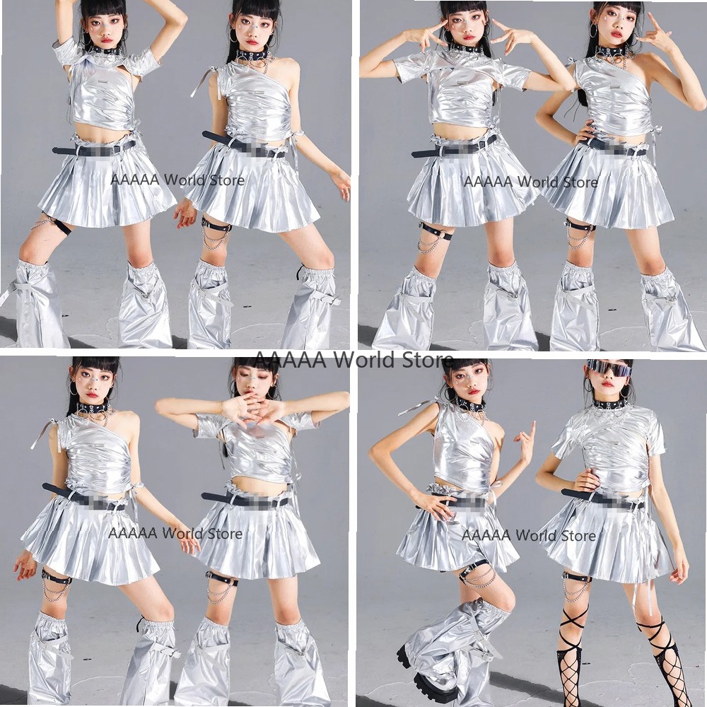 Street Fashion Europe - Cosplay Silver Crop Top Pleated Skirt