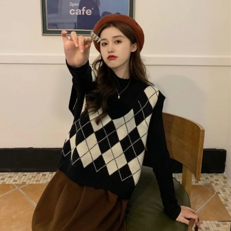 Sweater Vests Women Argyle Har - Street Fashion Of Japan 评论和价格