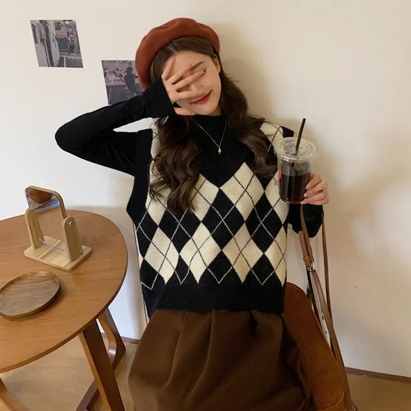 Sweater Vests Women Argyle Har - Street Fashion Of Japan 评论和价格